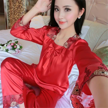 

Pajamas ladies noble spring and summer long-sleeved silky rayon pijamas 2PC loose elegant home clothes lace sexy nightwear robe