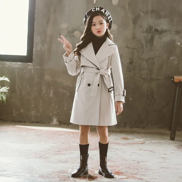 

Girls Long Woolen Coat Turn Down Horn Button Woolen kids Jacket College Wind Winter Windproof Warm Coat