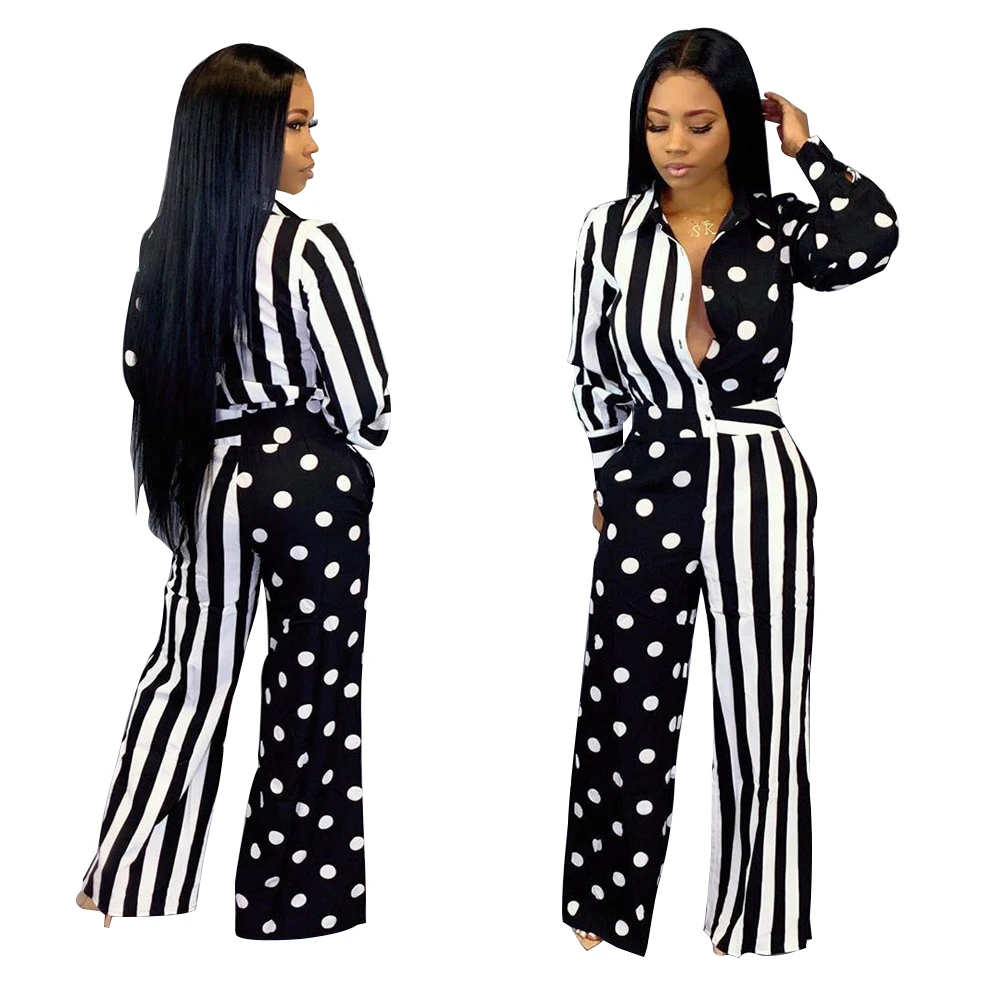

Polka Dot Stripes Patchwork Women Shirt Style Jumpsuits Long Sleeves Turn Down Straight Full Length Autumn Party Casual Pants