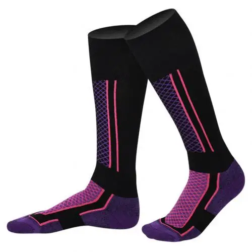 Purple Black Зимние Лыжные носки для мужчин и женщин, уличные зимние спортивные носки для сноуборда, хлопковые теплые длинные Лыжные носки для ходьбы и пешего туризма - Цвет: Purple Black