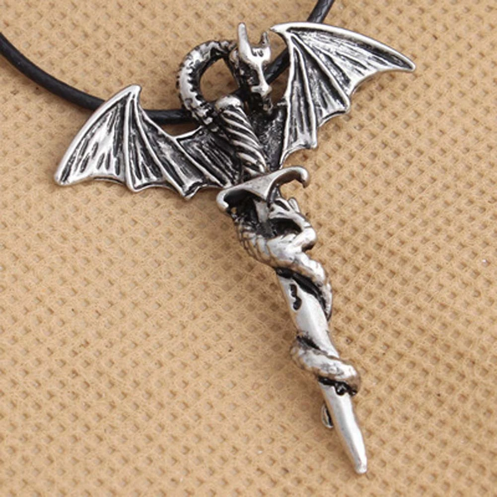 Men's Dragon Pendant Necklace With Rope Vintage Metal Dragon Wing Cross