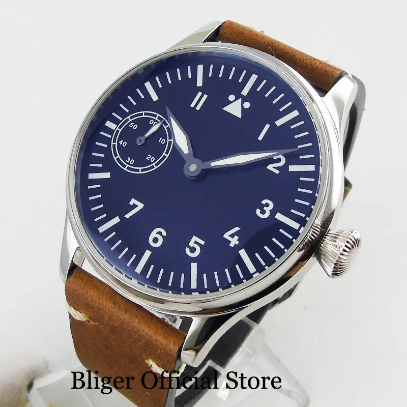 

44mm Hand Winding Men Wristwatch 6497 Movement Polished Case Sterile Black Dial Watch