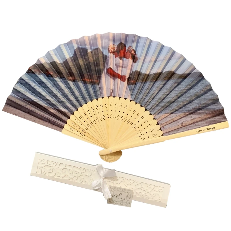 

20PCS Personalized Silk Wedding Hand Fans Customized With Bride & Groom's Names and Photo Anniversary Birthday Souvenior Gift