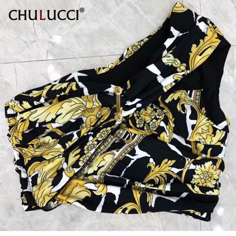 

8.10 Sexy Women One Shoulder Crop Tops Print Zipper Female Summer Print Tank Top