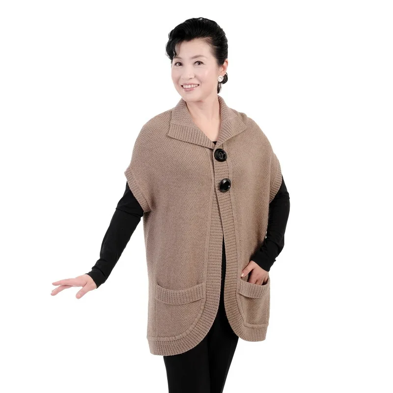 

Middle-aged Wool Waistcoat Women's Fall And Winter Clothes Fold-down Collar Sweater Knitted Cardigan Vest Middle-aged Women Dres