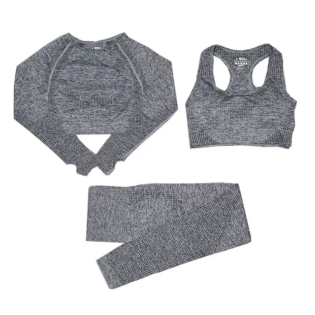 2/3/5PCS Women Sportswear Yoga Set Gym Clothing Tracksuit Long Sleeve Crop Top High Waist Seamless Leggings Fitness Sports Suits 3pcs gray