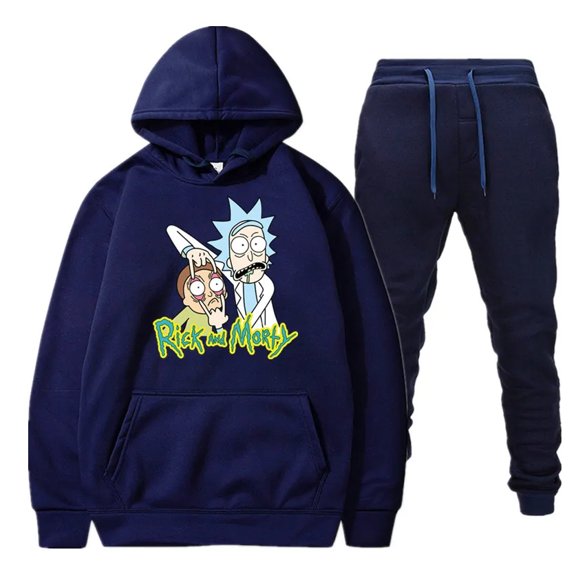Мужские и женские спортивные толстовки с принтом Rick and morty, мужские флисовые толстовки в стиле хип-хоп+ длинные брюки, костюм, Приталенная толстовка с капюшоном