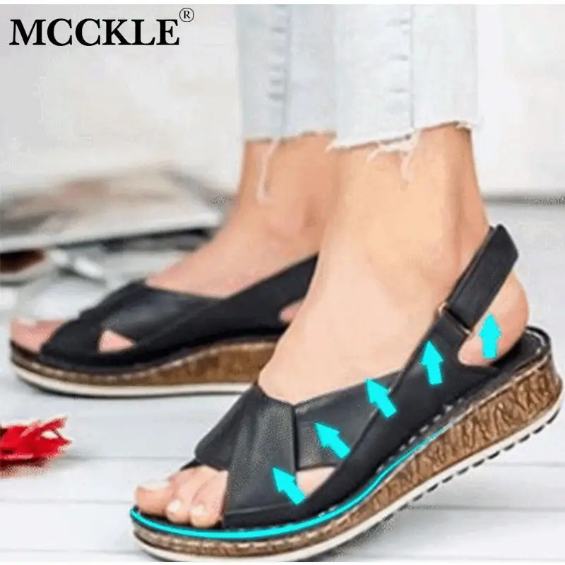 

MCCKLE Women's Summer Buckle Sandals Ladies Open Toes Slingbacks Cross Tied Sewing Flat Shoes Female Casual Platform Woman Shoes