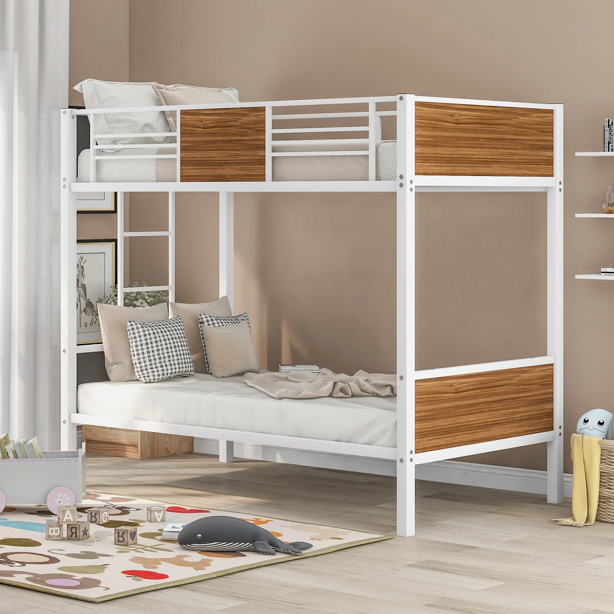 

Twin-over-twin bunk bed modern style steel frame bunk bed with safety rail, built-in ladder for bedroom, dorm, boys girls adults