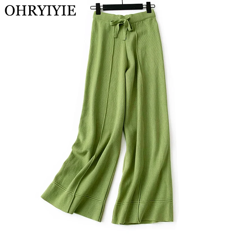 Ohryiyie/осень-зима, вязаные широкие брюки для женщин, новинка, модные шерстяные прямые брюки с высокой талией, женские плотные штаны на шнуровке
