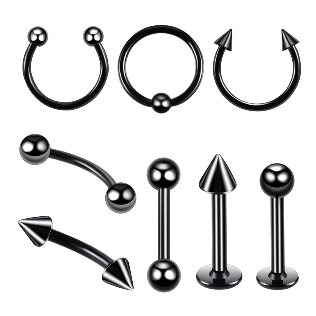 Blesiya 8Pcs Black Hoop Nose Lip Tongue Studs Eyebrow Tragus Ring Piercings