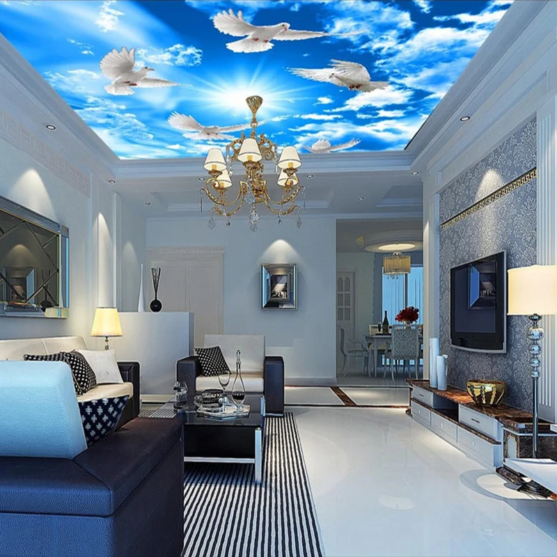 Blue-Sky-White-Clouds-Sunshine-Ceiling-Mural-Wallpaper-3D-White-Pigeon-Zenith-Frescoes-Living-Room-Bedroom (2)