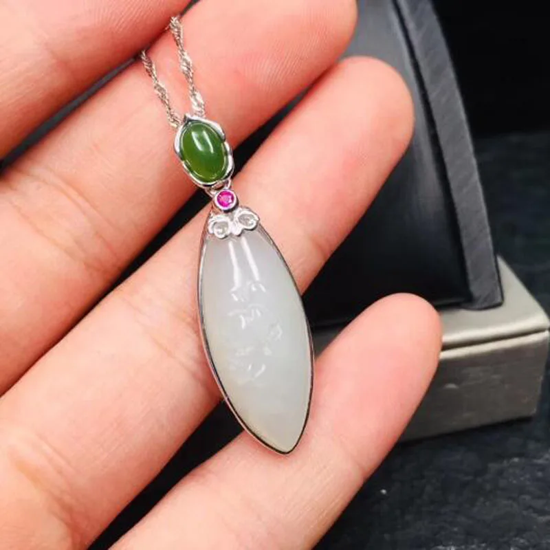 925 Sterling Silver White Green HeTian Jade Inlay Water Drop Lucky Pendant+ Chain Necklace For Women Charm Fine Jewelry Gift - Цвет камня: Белый