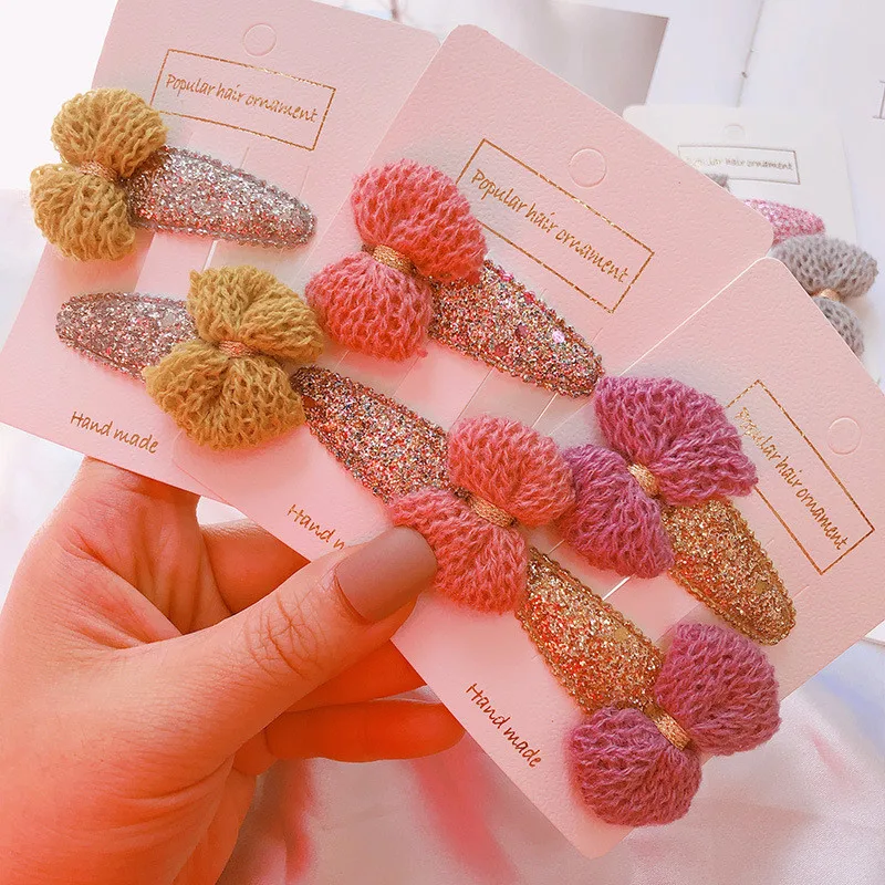 Free shipping fashion Knitted bow sequins Children's hairclips snap clip BB girl's hairpins kid's side clips hair accessories