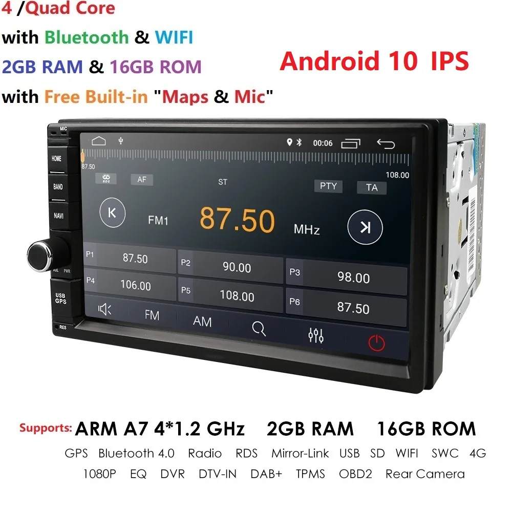 

2G RAM Android 10 Auto Radio Quad Core 7Inch 2DIN Universal Car NO DVD player GPS Stereo Audio Head unit Support DAB DVR OBD BT