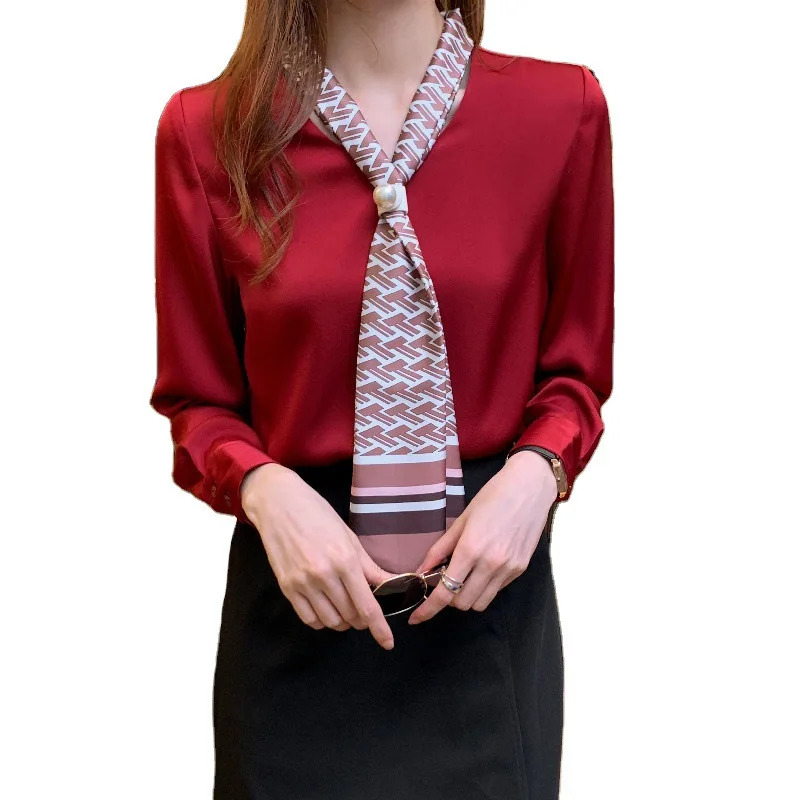 2021 Spring Women's Top White Chiffon Shirt Office V-Neck Temperament Tie Shirt Long Sleeve Foreign Style Tie Oversized Shirt