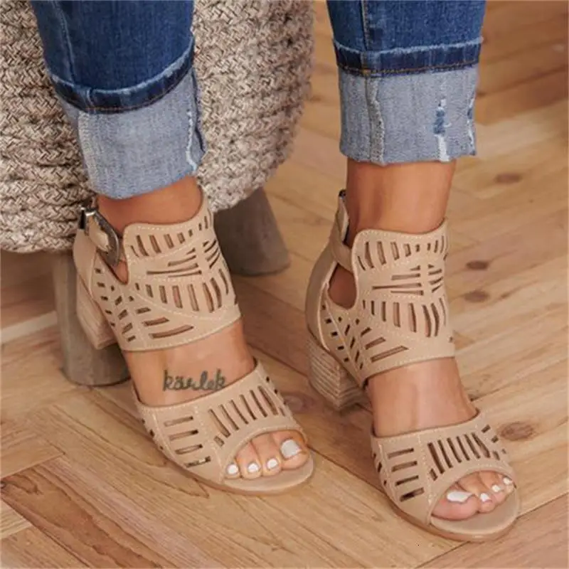 ladies fashion casual low heel hollow buckle sandals shoes