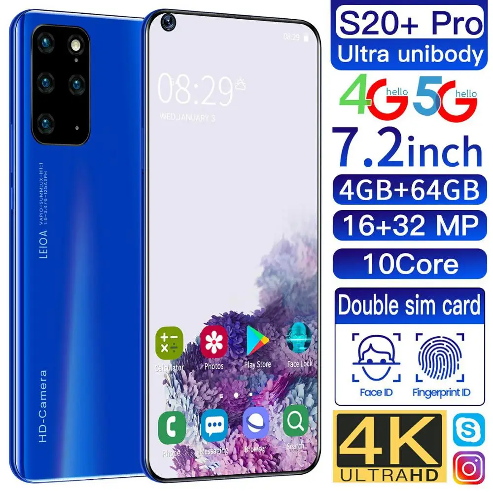 S20+ Pro Smartphone 7.2-Inch Water Drop Large Screen 4+64GB Dual Card Dual Waiting To Unlock Face Recognition Fingerprint