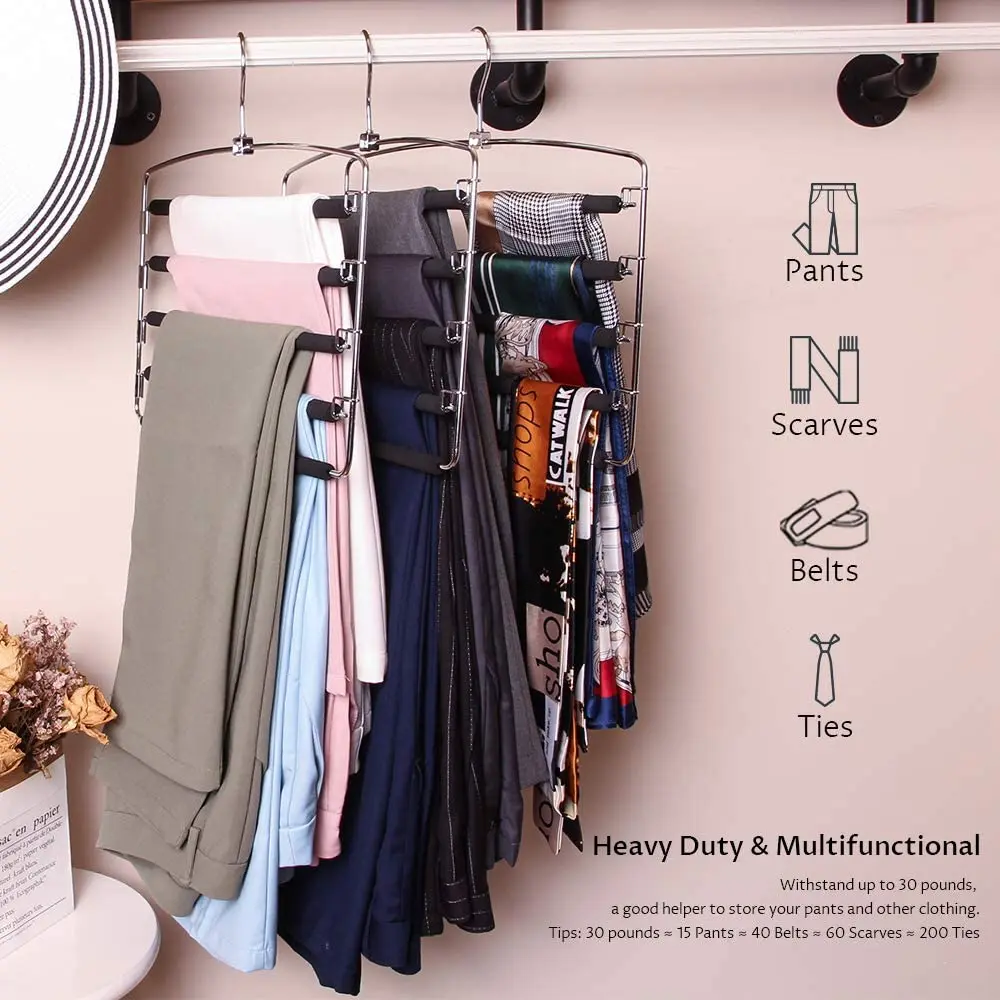 Tinfol 4pc Velvet Pants Hangers Space Saving, Non-silp Pant Hanger, Jeans Slack Trousers Hangers, Multi Layer Clothes Hanger Closet Organizer