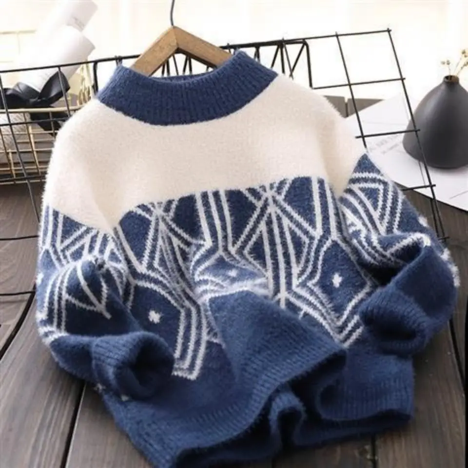 

Thickened All-Matching Mink Fur Boys' Small Girls and Teen Girls Sweater Autumn and Winter Fashion New Knitted Bottoming Shirt