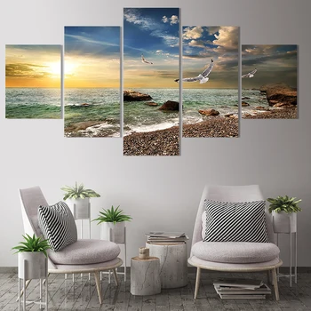 

5 Pieces Sunset Landscape Animal Seagull Beach Living Room Print Posters Canvas Wall Art Pictures Frame Kitchen Restaurant Decor