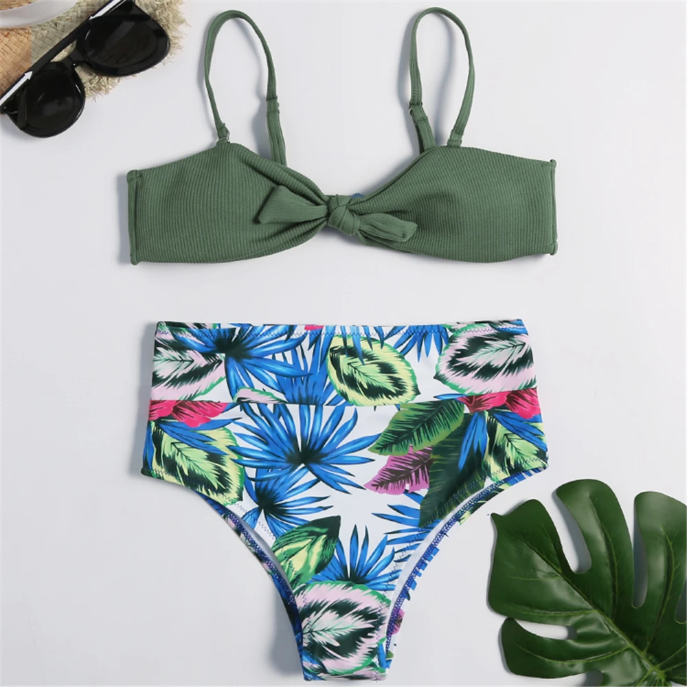 

Bow Tie Swim Bra With High Waist Thong Bikini Sets 2 Pieces Adjustable Straps Swimsuit Plant Printed Swimwear Sexy Tankini