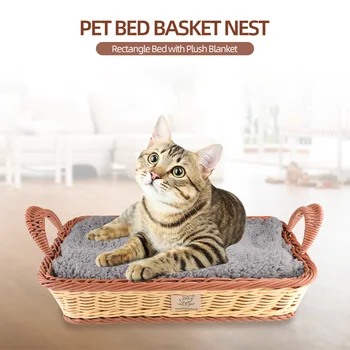 

New Pet Bed Basket Nest Rectangle PP Knitted Bed with Plush Blanket Pet House Cattery Portable Pet Basket for Cats Dogs Pets