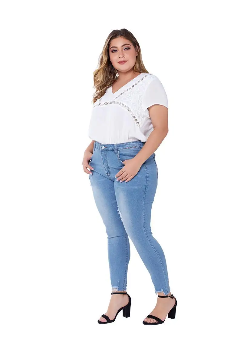 XL-5XL весенние женские рваные джинсы больших размеров, повседневные эластичные узкие джинсы с дырками, женские синие джинсовые брюки больших размеров
