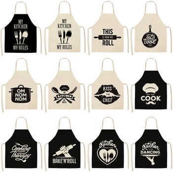 

White Black Knife Fork Spoon Cotton Cooking Kitchen Apron For Woman Chef Cafe Shop BBQ Aprons Household Baking Cleaning Aprons