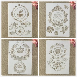 4Pcs A4 29cm Vintage Coffee Crown Words DIY Layering Stencils Painting Scrapbook Coloring Embossing Album Decorative Template