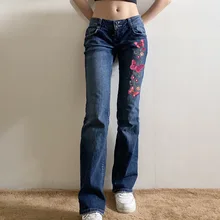 Alt Vintage Low Rise Pants Women Straight Jeans Y2K Aesthetic Butterfly Embroidery Mom Denim Trousers Streetwear Baggy Pants