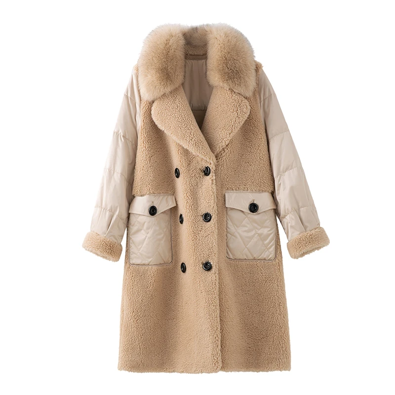 Real Fur Coat Female Wool Jacket Fox Fur Collar Sheep Shearling Autumn Winter Coat Women Clothes Korean Down Coat ZT4287