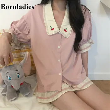 

Bornladies Women Pajamas 2020 New Sweet Cherry Embroidery Two-piece Suit Summer Short Panst Suits Minimalist Loose Sleepwear