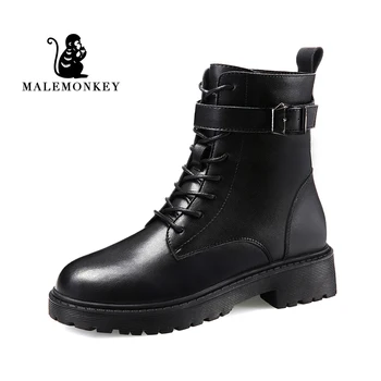 

2020 Winter Women Boots Genuine Leather Designer Motorcycle Black Platform Ankle Boots Ladies Leather Casual Boots Female