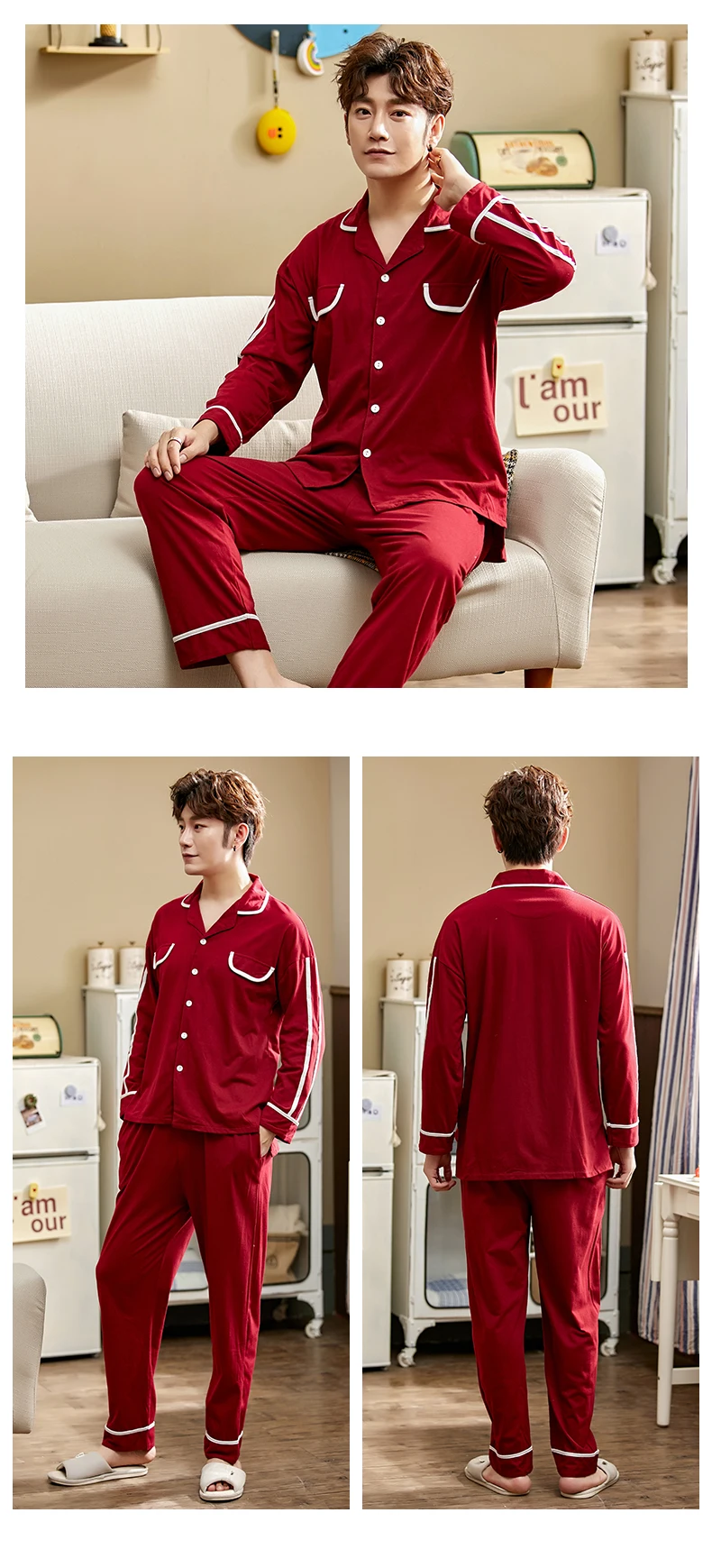 mens cotton pajama sets Men Red Pajama Set Full Pure Cotton Pijamas Hombre Long Sleeve Sleepwear His-and-her Home Suit Pyjama For Man Home Clothes cotton short pyjamas