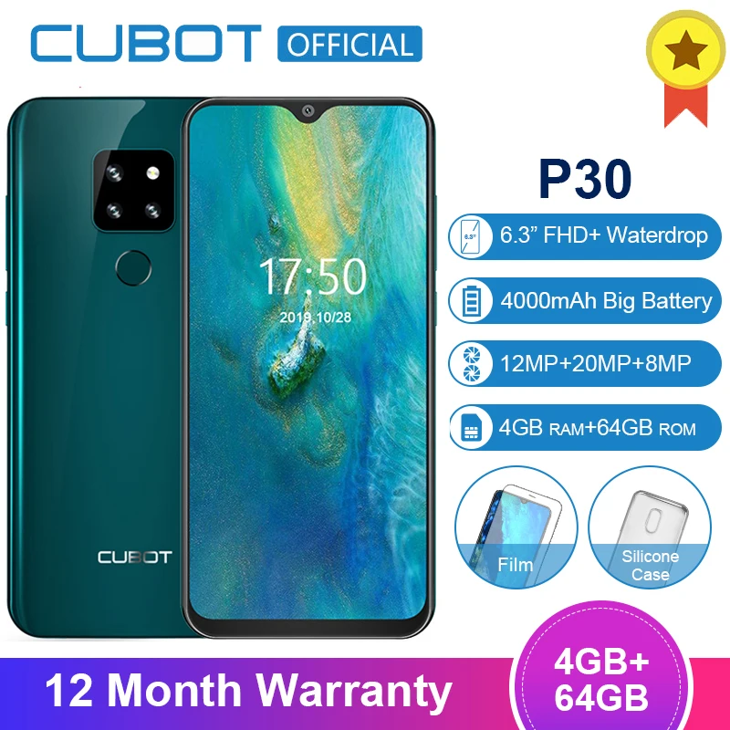  Cubot P30 4GB 64GB MT6763 Octa Core Android 9.0 Smartphone 6.3'' FHD+ Waterdrop Screen 2340*1080 40
