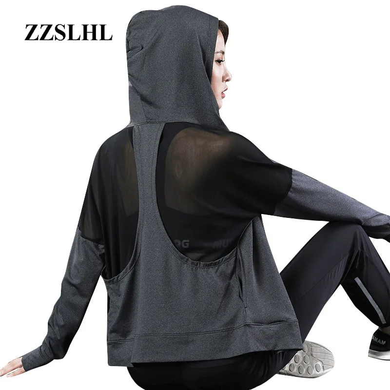 Женская Спортивная кофта с капюшоном длинным рукавом для йоги фитнеса