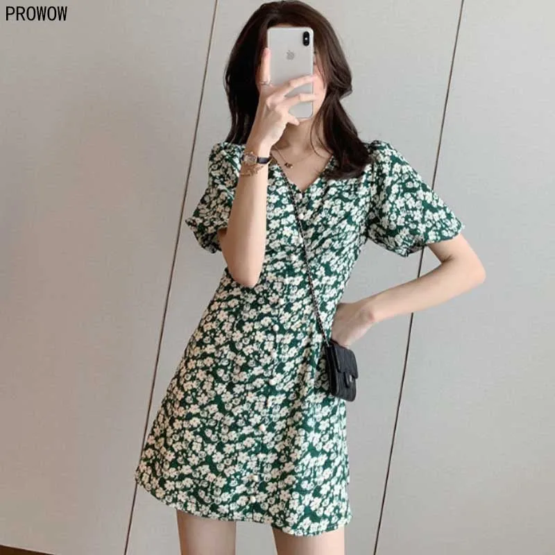 2020 Bubble Sleeve Green Floral Dress Summer New Women Waist Down French Retro Dress Korean Elegant Retro Chiffon Split Dresses