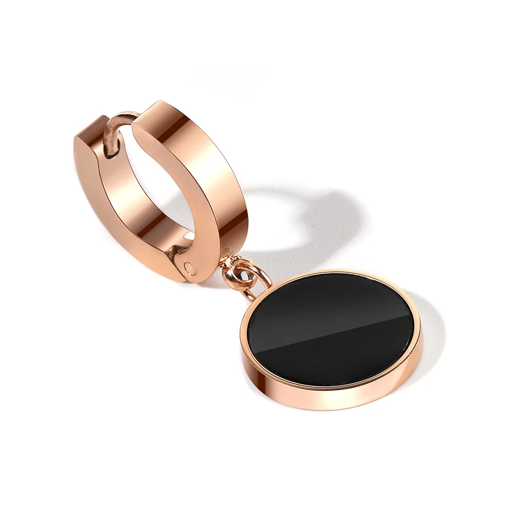 WYBU Titanium Steel Black Round Pendant Drop Earring For Women Rose Gold Plated Hoop Dangle Earring Earing Jewellery For Ear
