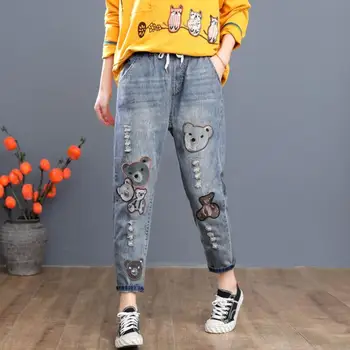 

2020 Spring autumn new Elastic waist Hole Cartoon patch embroidery Jeans woman loose casual Harem pants trousers w505