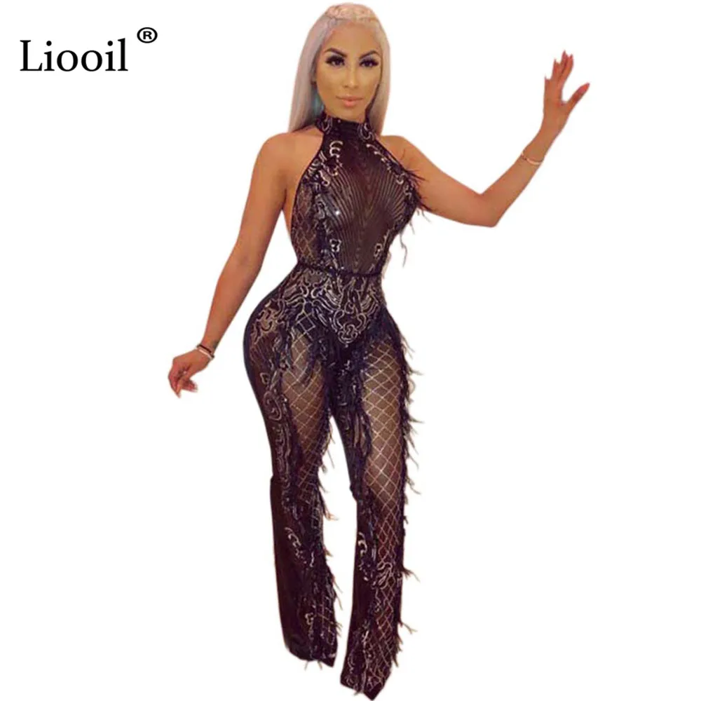 Liooil Sequin Mesh сексуальный комбинезон на бретелях для женщин без рукавов с открытой спиной прозрачные вечерние Клубные комбинезоны комбинезон черные комбинезоны - Цвет: Черный