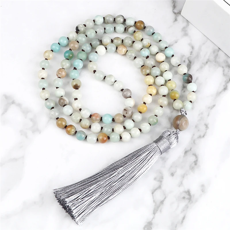 6 mm Amazonit-Perlen-Halsketten mit grauem Quasten-Anhänger, Mala, 108 Gebetsperlen-Halskette, Modeschmuck, Geschenke für Damen und Herren, Yoga