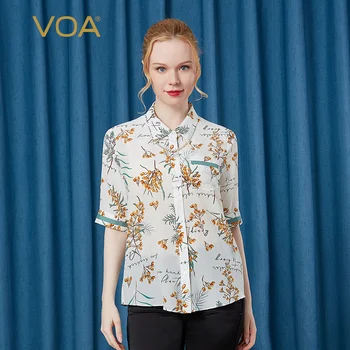 

VOA printed silk decorative metal chain single-row button thin and light breathable short-sleeved straight shirt women BL27