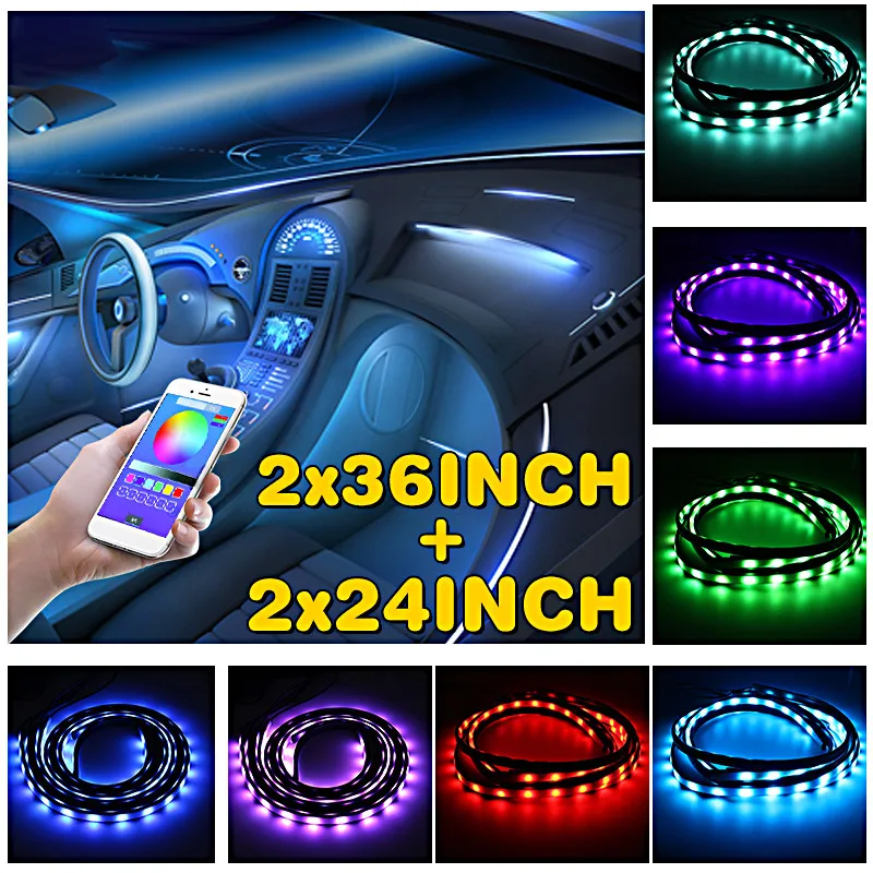 2 пары RGB Автомобильная гибкая светодиодная лента декоративная атмосферная лампа Контроль приложения под трубкой подсвечивающая днище Система неоновый светильник комплект