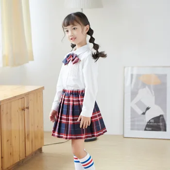 

Summer new 3-7-year-old child baby Korean solid color shirt plaid dress set children's school uniform princess girl suit