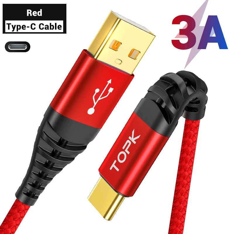 TOPK Micro usb type-C кабель 3A Быстрая зарядка для samsung Xiaomi huawei кабель для передачи данных для мобильного телефона type-C для Xiaomi Redmi Note 8 - Цвет: Red for Type-C