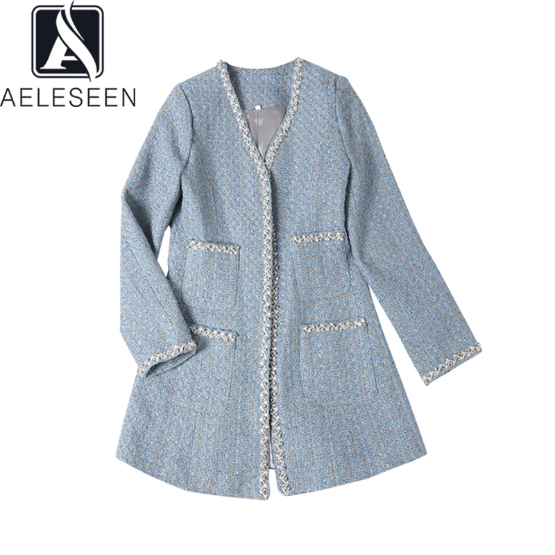 

AELESEEN 2020 Spring Runway Designer Bright Silk Mixed Spinning Long Coat Luxury Diamond & Crystal Woollen Cardigan With Pockets
