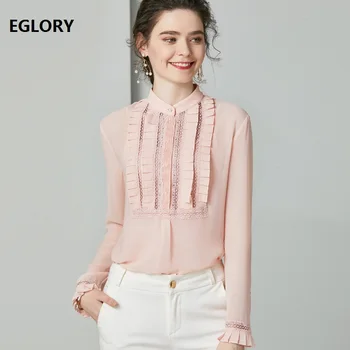 

High Quality Chiffon Blouses 2020 Spring Summer Pink Green Shirts Women Appliques Lace Patchwork Long Sleeve Elegant Shirts