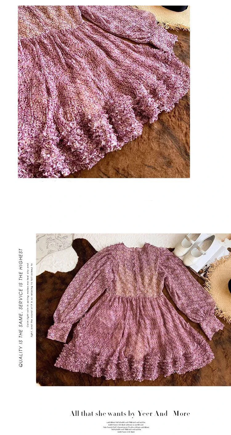 Фиолетовое платье с цветочным рисунком, Осеннее женское шифоновое мини-платье с длинным рукавом в Корейском стиле, элегантные вечерние платья для подиума