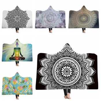 

Bohemian Hooded Blanket for Adults Mandala Winter Bed Throw Soft Warm Wearable Blanket Fleece Microfiber Throw Blanket Decor